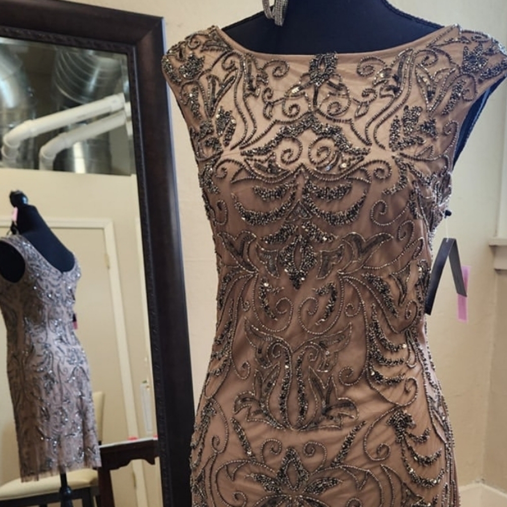 Size 4 blushy-nude beaded sleeveless formal cocktail dress by Adrianna Papell NW - Picture 2 of 3